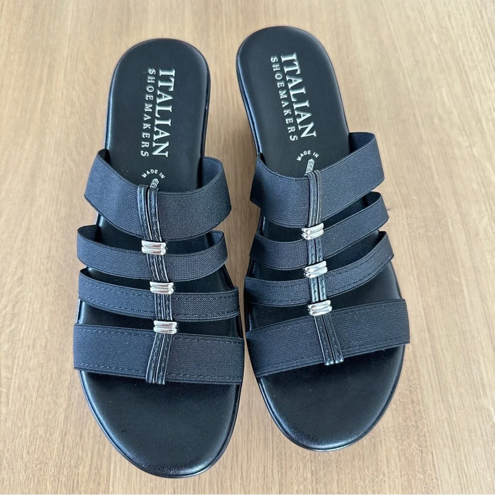 Italian Shoemakers Black Wedge Slip On Sandal Sz 9M Silver Accent New Adalynn